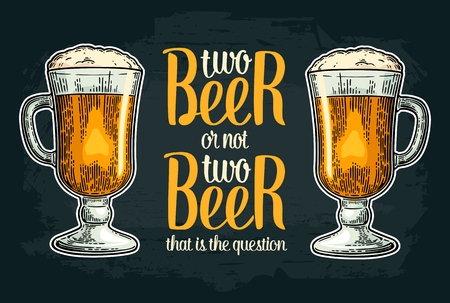 Two beer or not two beer. Vintage vector engraving illustration with calligraphy lettering for web, poster, invitation to party and Oktoberfest festival. Isolated on dark background.のイラスト素材