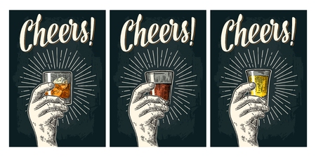 Male hand holding glass tequila, rum, whiskey with ray. Cheers calligraphy lettering. Vintage vector color and monochrome engraving illustration for poster, invitation to party. Isolated on dark background.のイラスト素材