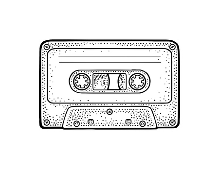 Retro audio cassette. Vintage vector black engraving illustration for poster, web. Isolated on white background. Hand drawn design elementのイラスト素材
