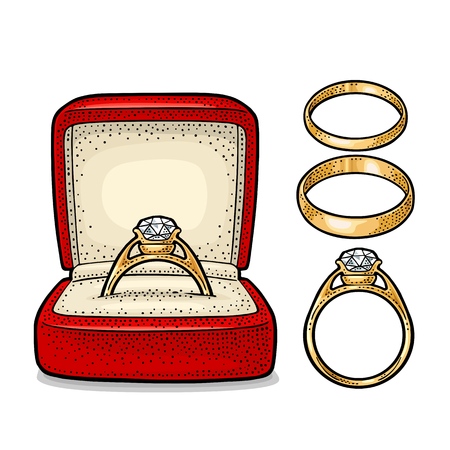 Wedding ring with diamond in a gift box. Vintage color vector engraving illustration.のイラスト素材