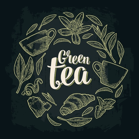 Set with lettering green tea cup, branch, leaf, flower, lemon, croissant, bag. Vector vintage white engraving illustration for label, poster, web isolated on dark background.のイラスト素材
