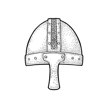 Viking medieval helmet. Engraving vintage vector black illustration. Isolated on white background.のイラスト素材