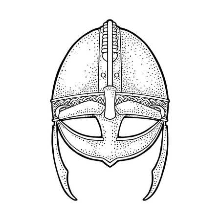 Viking medieval helmet. Engraving vintage vector black illustration. Isolated on white background. Hand drawn design element for label and posterのイラスト素材