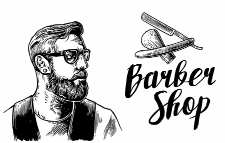 Hipster shave haircut services in the barber shop. Black and white vector illustrations and typography elements. Hand drawn vintage engraving for poster, label, banner, web.のイラスト素材
