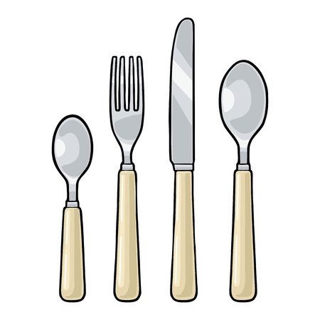 Cutlery set with knife, two spoons and fork. Vector color vintage engraving illustration for menu, poster, label. Isolated on white backgroundのイラスト素材