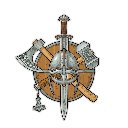 Set edged weapons viking. Knife, axe, helmet, sword, hammer with runes. Vintage vector color engraving illustration isolated on white background. Hand drawn design element for poster, label, tattooのイラスト素材