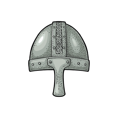 Viking medieval helmet. Engraving vintage color illustration.のイラスト素材
