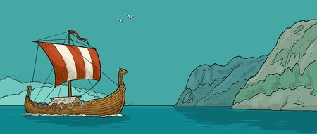 Drakkar floating on the fjord in Norway. Hand drawn design element sailing ship. Vintage color vector engraving illustration for poster, label, postmark.のイラスト素材