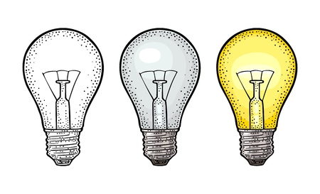 Glowing light incandescent bulb. Vector vintage engraving on white background.のイラスト素材