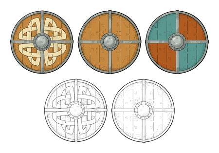 Set wood round shields with viking runes, iron border. Engraving