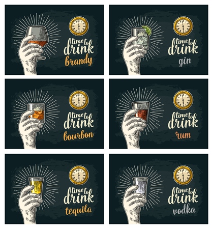 Male hand holding a glasses with tequila, gin, vodka, rum, brandy, whiskey. Antique pocket watch. Time to drink lettering. Vintage vector engraving illustration for invitation to party or birthday.のイラスト素材