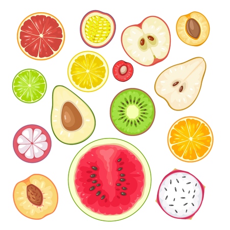 Apricot, kiwi, green, lemon, lime, orange, peach, pear, cherry with shadow on the dark background.のイラスト素材