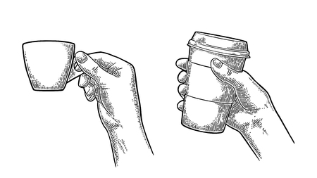 Hand holding a disposable cup of coffee with cardboard holder and cap. Vintage black vector engraving illustration for label, web, flayer. Isolated on white backgroundのイラスト素材