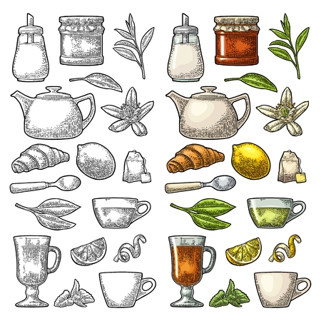 Set tea. Cup, branch, leaf, kettle, flower, lemon, croissant, bag, sugar shaker . Vector color vintage engraving illustration for label, poster, web. Isolated on white background.のイラスト素材