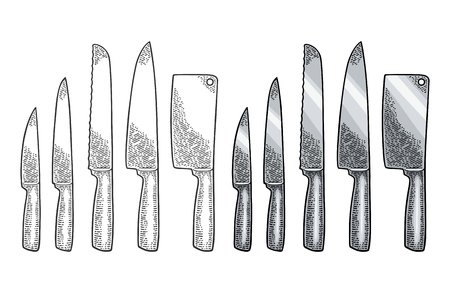 Set professional kitchen knifes and classic manual meat grinder. Vector color vintage engraving illustration for menu, poster, label. Isolated on white backgroundのイラスト素材