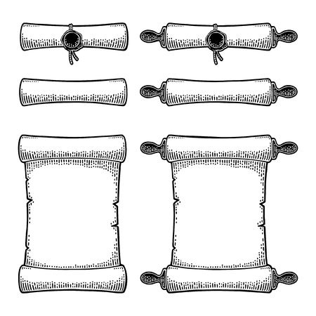 Set scroll with seal isolated on white background. Vector black vintage engraving illustration for menu, web and label. Hand drawn in a graphic style.のイラスト素材