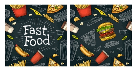 Seamless pattern fast food. Cup cola, coffee, chips, hamburger, pizza, hotdog, fry potato paper box, carton bucket popcorn. Vector vintage color engraving illustration isolated on dark backgroundのイラスト素材