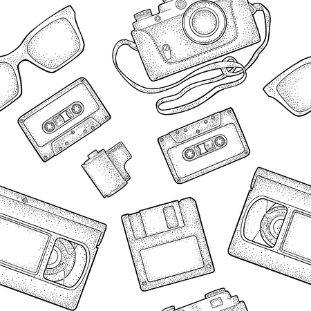 Seamless pattern retro technology object. Vintage vector black engraving illustrationのイラスト素材
