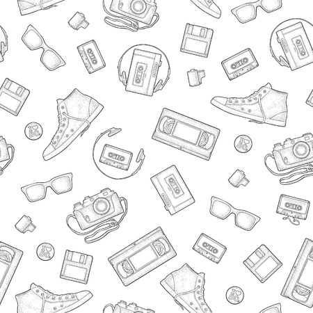 Seamless pattern retro technology object. Vintage vector black engraving illustrationのイラスト素材