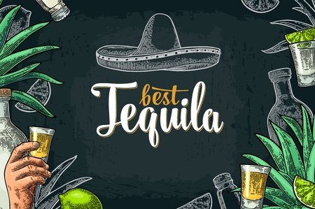 Poster with hand holding glass, sombrero, bottle, salt, agave, lime whole and slice. Best Tequila lettering. Vintage color and white vector engraving illustration on dark background.のイラスト素材