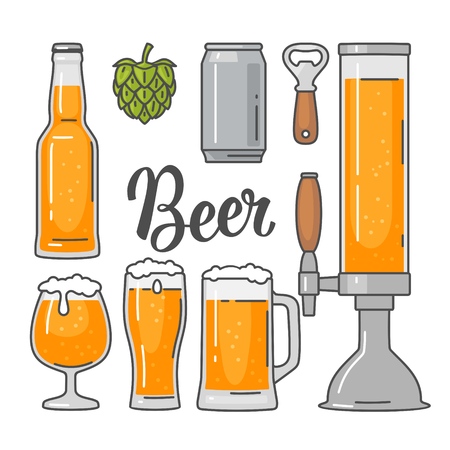 Beer vector flat icons set bottle, glass, barrel, pintのイラスト素材
