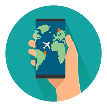 Male holding smartphone with with interface mobile app for trawel service on a screen.のイラスト素材