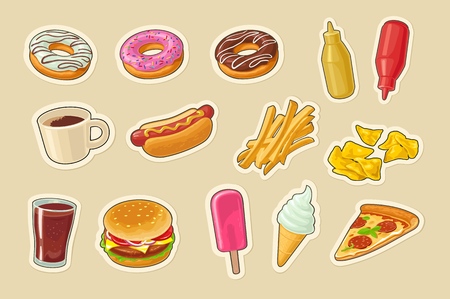 Set fast food. Donut, ice cream, pizza, hamburger, pizza, hotdogのイラスト素材