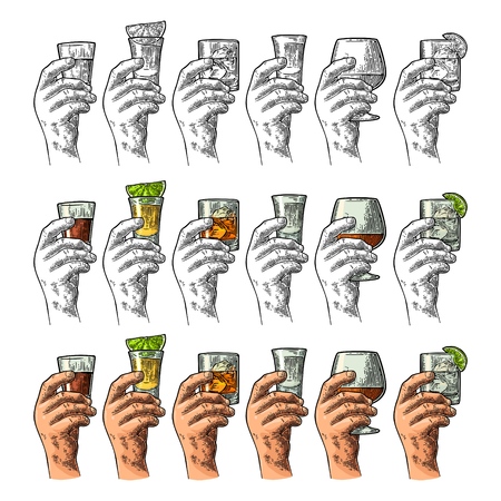 Hand holding glass with tequila, vodka, rum, cognac, whiskey, gin.のイラスト素材