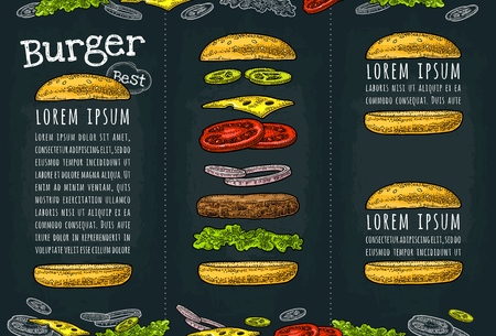 Burger with flying ingredients include bun, tomato, salad, cheese, onion, cucumber. Best burger lettering. Vector color vintage engraving Illustration on dark background. Vertical template menu, flyerのイラスト素材