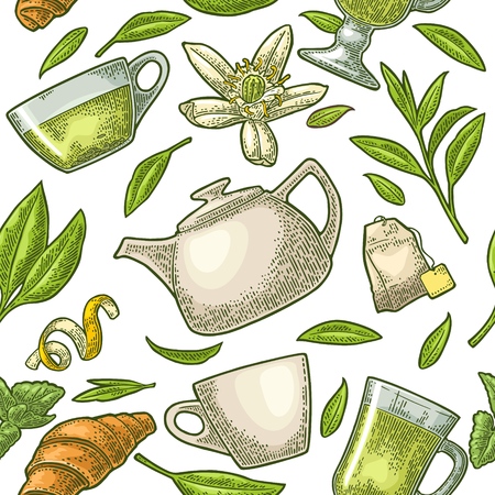 Seamless pattern with branch, leaf, flower, lemon, croissant, bag, cup tea. Vector color vintage engraving illustration on white background. For label, poster, webのイラスト素材