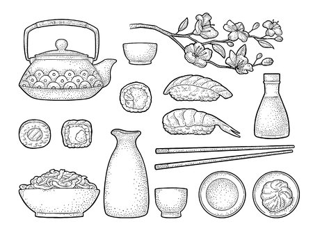 Set Sushi. Chopsticks, wasabi, nigiri, rolls, board, soy sauce, cup, bottle, bowl, teapot, sakura cherry branch with flowers and bud. Vintage black vector engraving isolated on white background.のイラスト素材