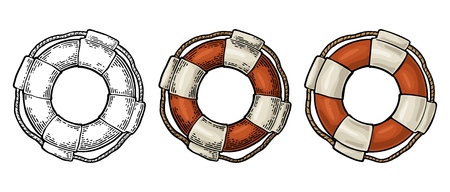 Lifebuoy with rope isolated on white background. Vector color vintage engraving illustration for tattoo, web and label. Hand drawn in a graphic style.のイラスト素材