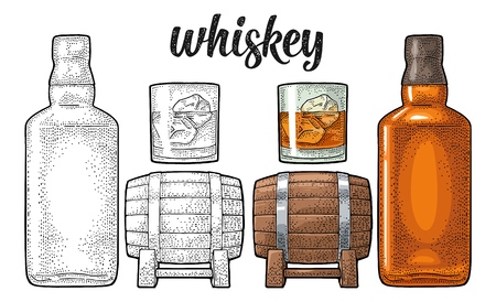 Whiskey glass with ice cubes, barrel, bottle. Vector vintage engraving color illustration for label, poster, invitation to a party. Isolated on white background. Hand drawn design element.のイラスト素材
