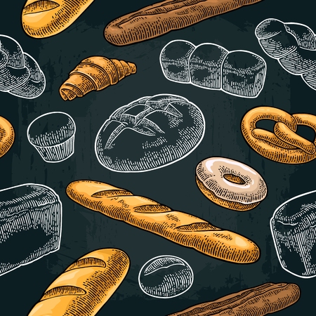 Seamless Pattern with Bread. Isolated on the dark background. Vector color and black hand drawn vintage engraving illustration for poster, label and menu bakery shop.のイラスト素材