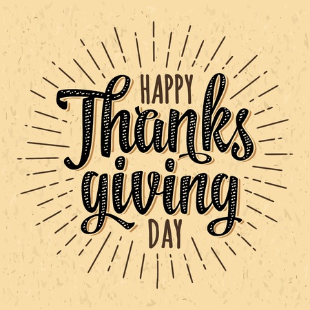 Happy Thanksgiving day calligraphy lettering with ray black isolated on beige craft paper texture.のイラスト素材