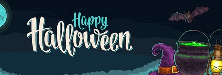 Horizontal poster with Happy Halloween handwriting calligraphy lettering. Bat, lamp, moon, witch hat, magic pot. Vector color vintage engraving illustration on night skyのイラスト素材