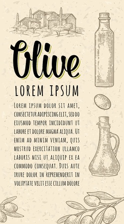 Vertical template for menu, poster, label olive oil. Bottle, jug, branch with leaves. Landscape with villa or farm with field, tree and cypress. Vector black vintage engraving isolated on craft paperのイラスト素材