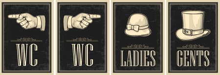 Toilet retro vintage grunge poster. Ladies, Cents, Pointing finger. Vector vintage engraved illustration on a beige background. For bars, restaurants, cafes, pubs.のイラスト素材