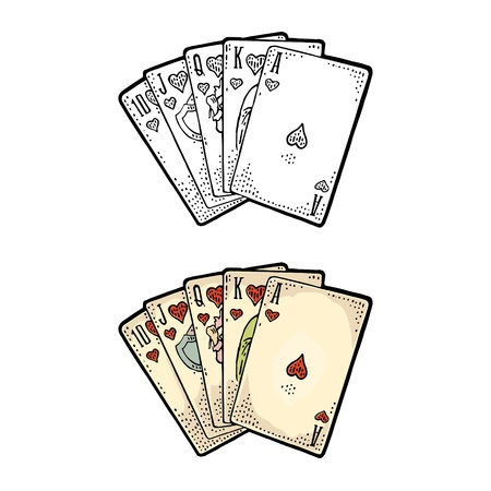 Royal flush in hearts. Playing cards poker. Vector color and monochrome vintage engraving illustration for poster, label, banner, web. Isolated on white backgroundのイラスト素材