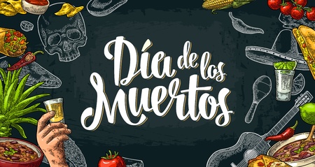Dia de los Muertos lettering and mexican traditional foodのイラスト素材