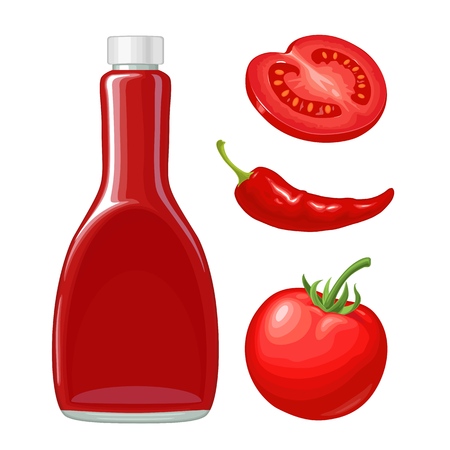 Ketchup bottle, chilli, whole and slice tomatoes. Vector flat color illustration. Isolated on white background.のイラスト素材