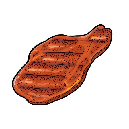 Beef grilled steak top view. Vintage color vector engraving illustration. Isolated on white background.のイラスト素材