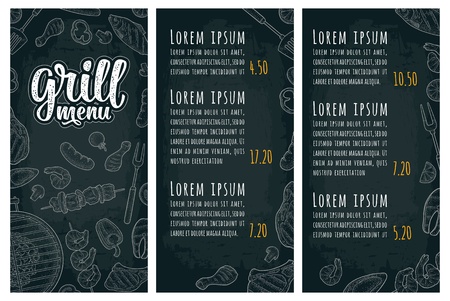 Restaurant or cafe menu BBQ with price. Grill menu handwriting lettering. Barbecue meat, fish, oyster, shrimp, tomato, pepper, kebab, sausage, chicken leg, steak. Vintage monochrome vector engravingのイラスト素材