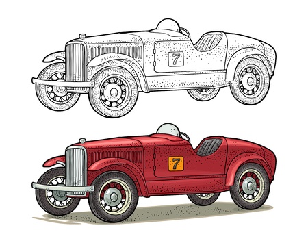 Retro car roadster. Side view. Vintage color engraving illustration for poster, web. Isolated on white background.のイラスト素材