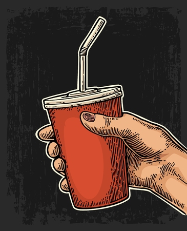 Female hand holding a disposable paper red cup cola with straws and cap. Isolated on dark background. Vector color engraving illustration for poster, menus, web, banner, iconのイラスト素材