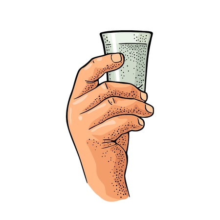 Male hand holding glass vodka. Vintage color vector engraving illustration for label, poster, invitation to party. Isolated on white backgroundのイラスト素材