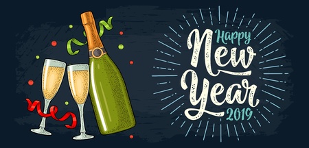 Clinking glass, champagne bottle, serpentine ribbons. Happy New Year 2019 calligraphy lettering with salute. Vintage vector color engraving illustration isolated on darkのイラスト素材