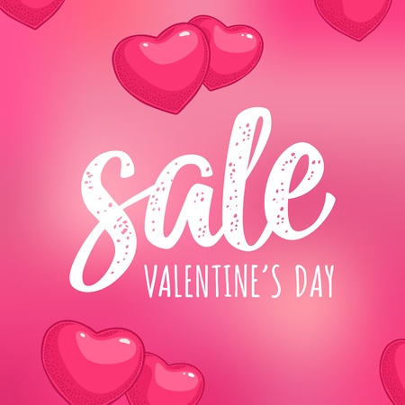 Two heart. Sale Valentine's Day calligraphic handwriting lettering. Vector color vintage engraving illustration on magenta mesh background. For discount stickerのイラスト素材