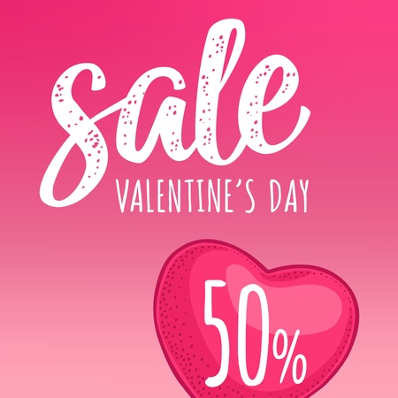 Heart. Sale Valentine's Day calligraphic handwriting lettering. Vector color vintage engraving illustration on magenta mesh background. For 50%discount stickerのイラスト素材