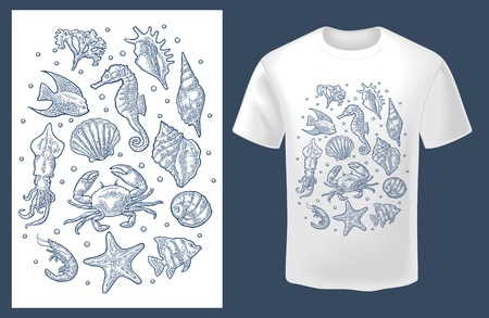 Set sea animal. Vector monochrome vintage engraving isolated on whiteのイラスト素材